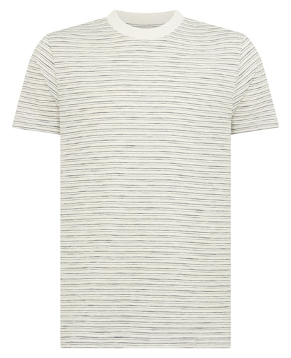 Man wearing a navy Relaxed Fit Cotton Stripe T-Shirt
