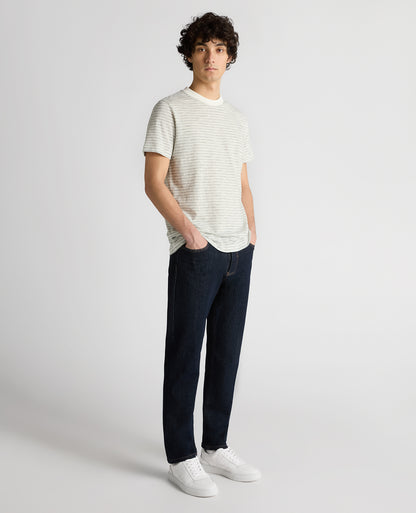 Man wearing a navy Relaxed Fit Cotton Stripe T-Shirt