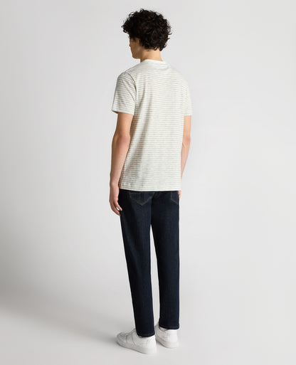 Man wearing a navy Relaxed Fit Cotton Stripe T-Shirt