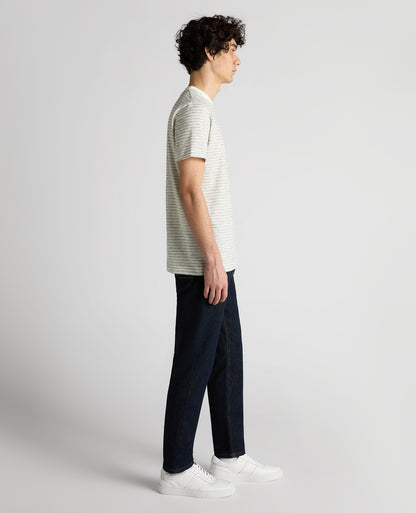 Man wearing a navy Relaxed Fit Cotton Stripe T-Shirt