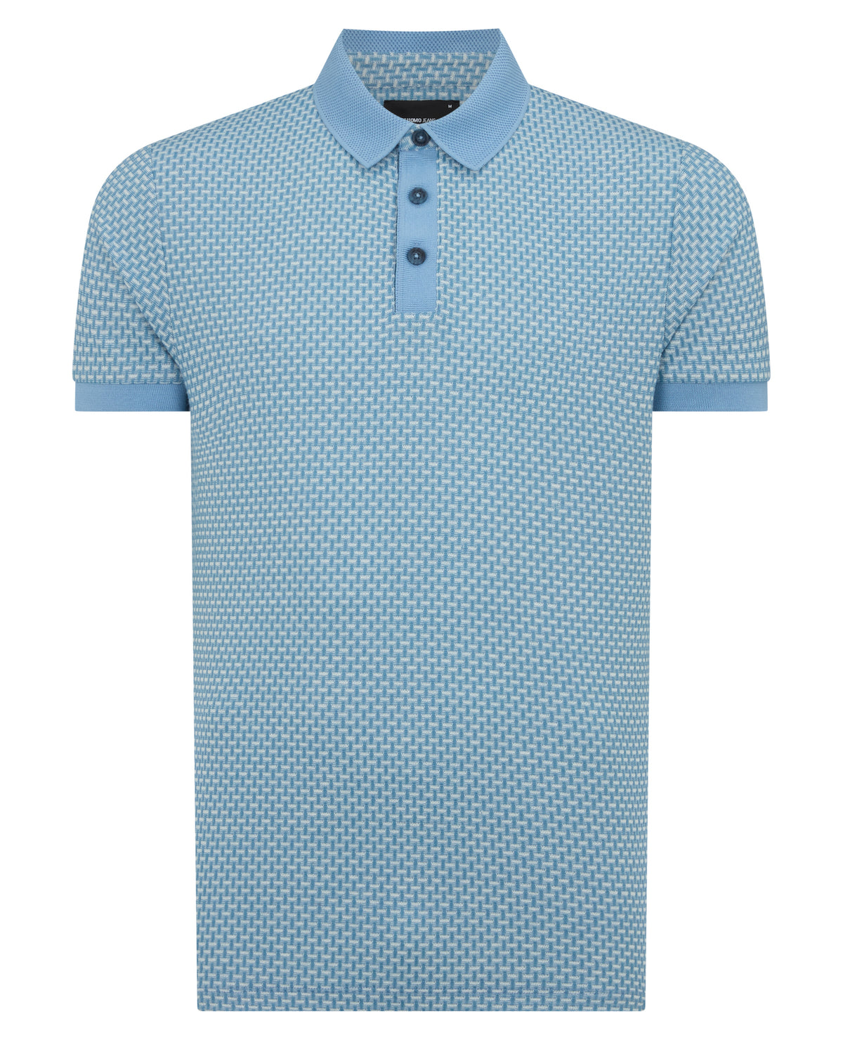 Man wearing a blue Tapered Fit Basket Weave Polo Shirt