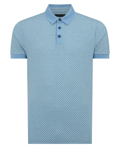 Man wearing a blue Tapered Fit Basket Weave Polo Shirt