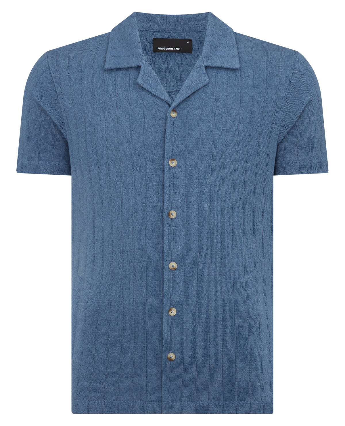 Man wearing a blue Relaxed Fit Cotton-Linen Cuban Collar Shirt