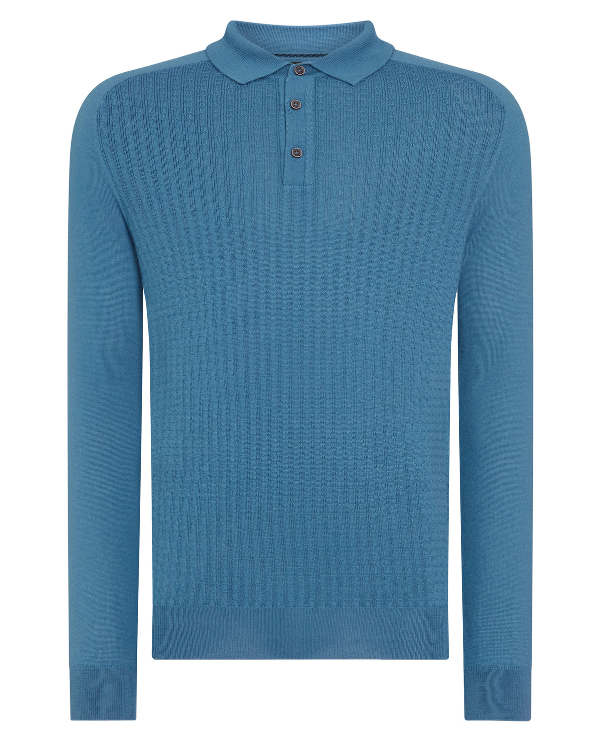 Man wearing a blue Merino Wool-Blend Knit Polo