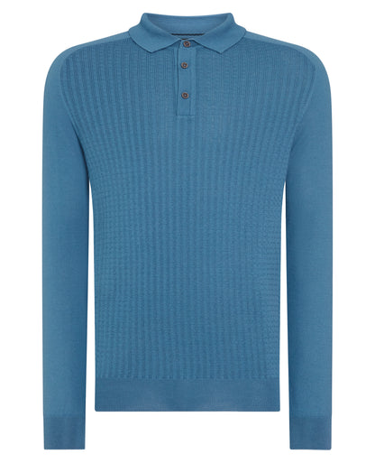 Man wearing a blue Merino Wool-Blend Knit Polo