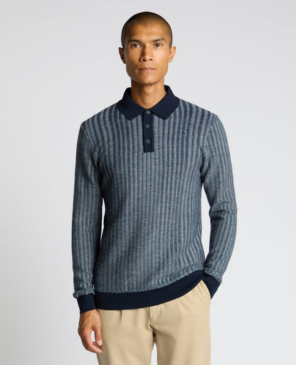 Man wearing a blue Plaited Stripe Wool-Blend Knit Polo