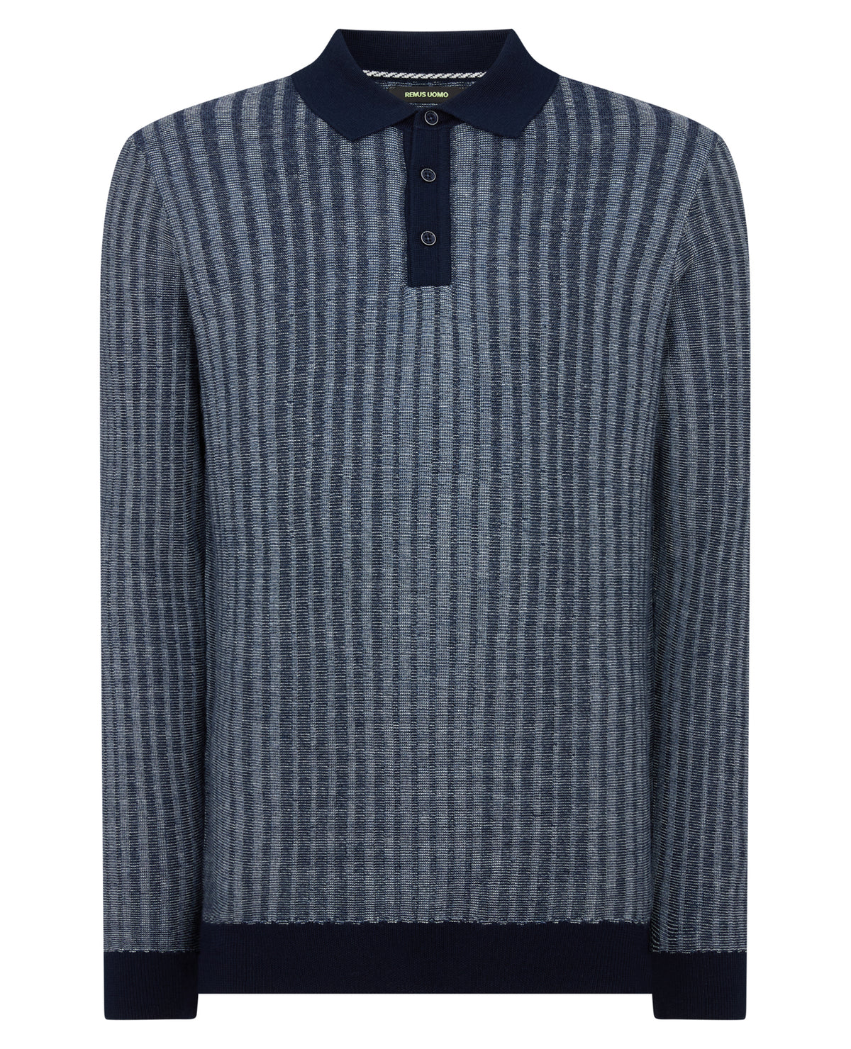Man wearing a blue Plaited Stripe Wool-Blend Knit Polo