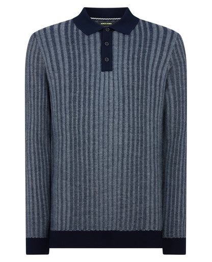 Man wearing a blue Plaited Stripe Wool-Blend Knit Polo