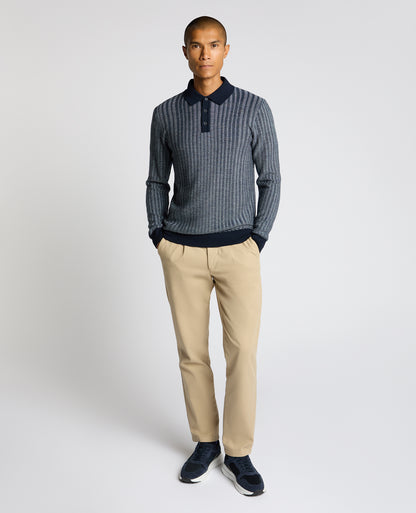 Man wearing a blue Plaited Stripe Wool-Blend Knit Polo