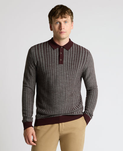 Man wearing a red Plaited Stripe Wool-Blend Knit Polo