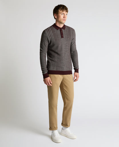 Man wearing a red Plaited Stripe Wool-Blend Knit Polo
