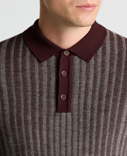 Man wearing a red Plaited Stripe Wool-Blend Knit Polo