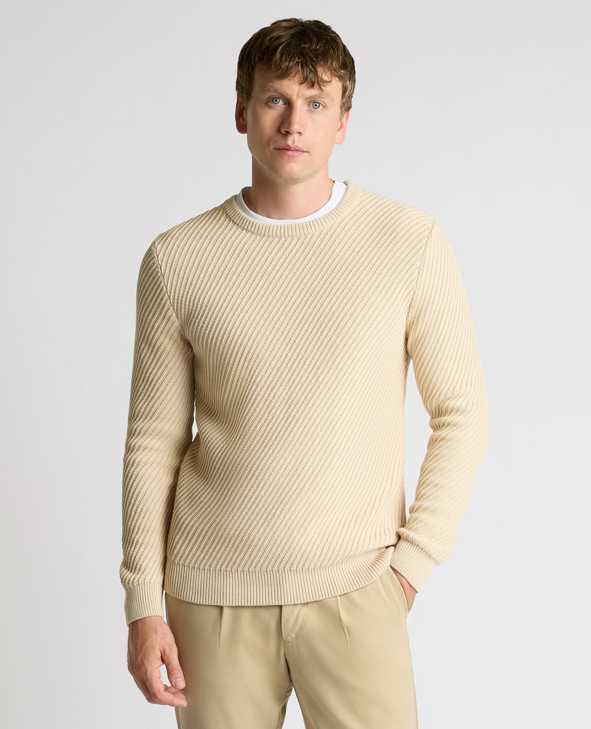 Man wearing a sand Cotton Interest Fabric Sweater
