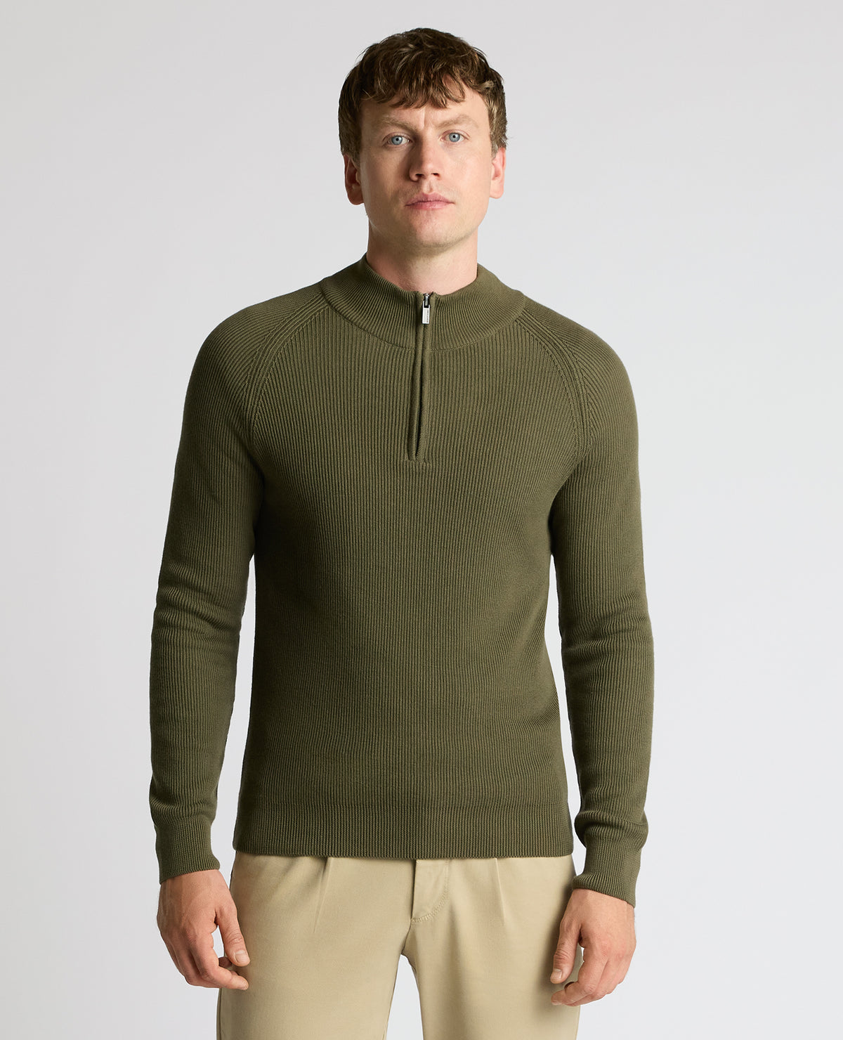 Man wearing a green Cotton Half-Zip Knit Sweater
