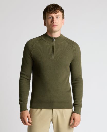 Man wearing a green Cotton Half-Zip Knit Sweater