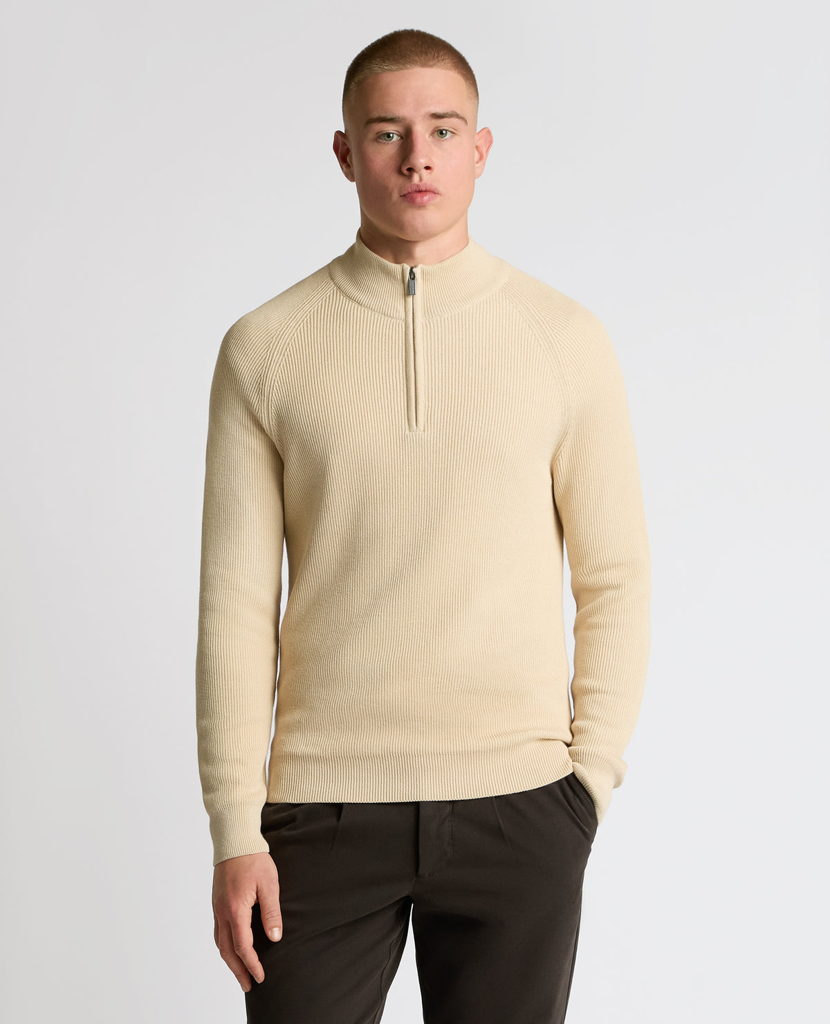Man wearing a sand Cotton Half-Zip Knit Sweater