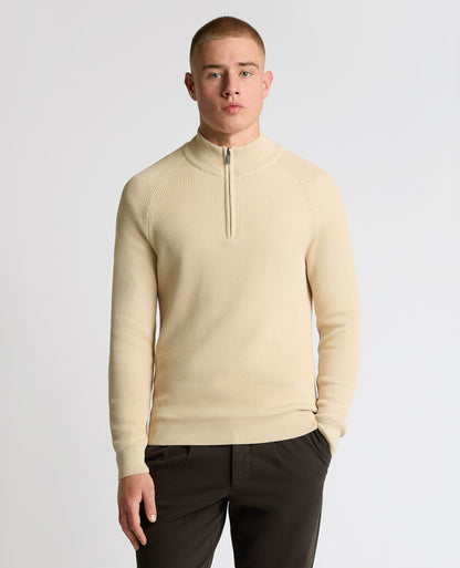 Man wearing a sand Cotton Half-Zip Knit Sweater