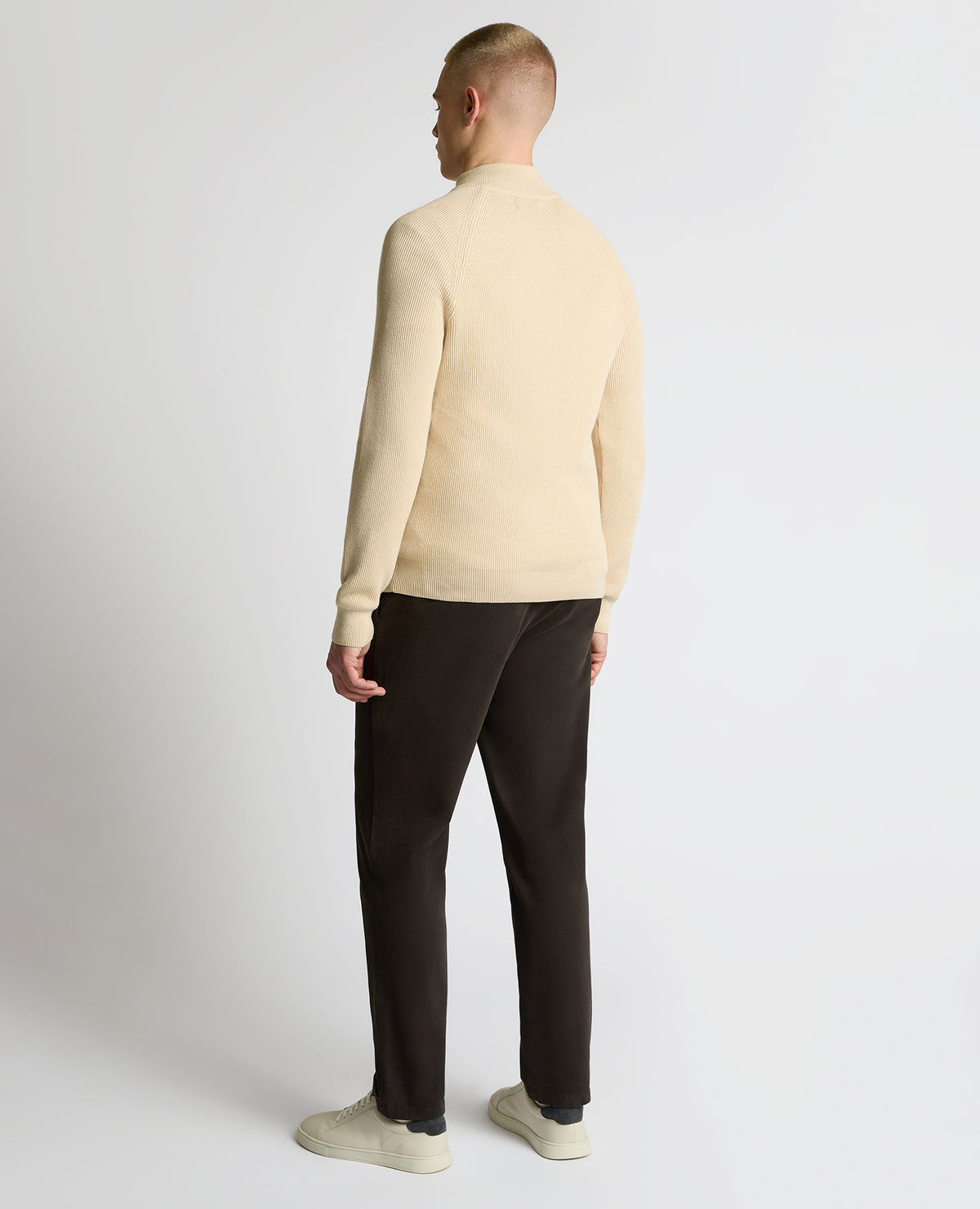 Man wearing a sand Cotton Half-Zip Knit Sweater