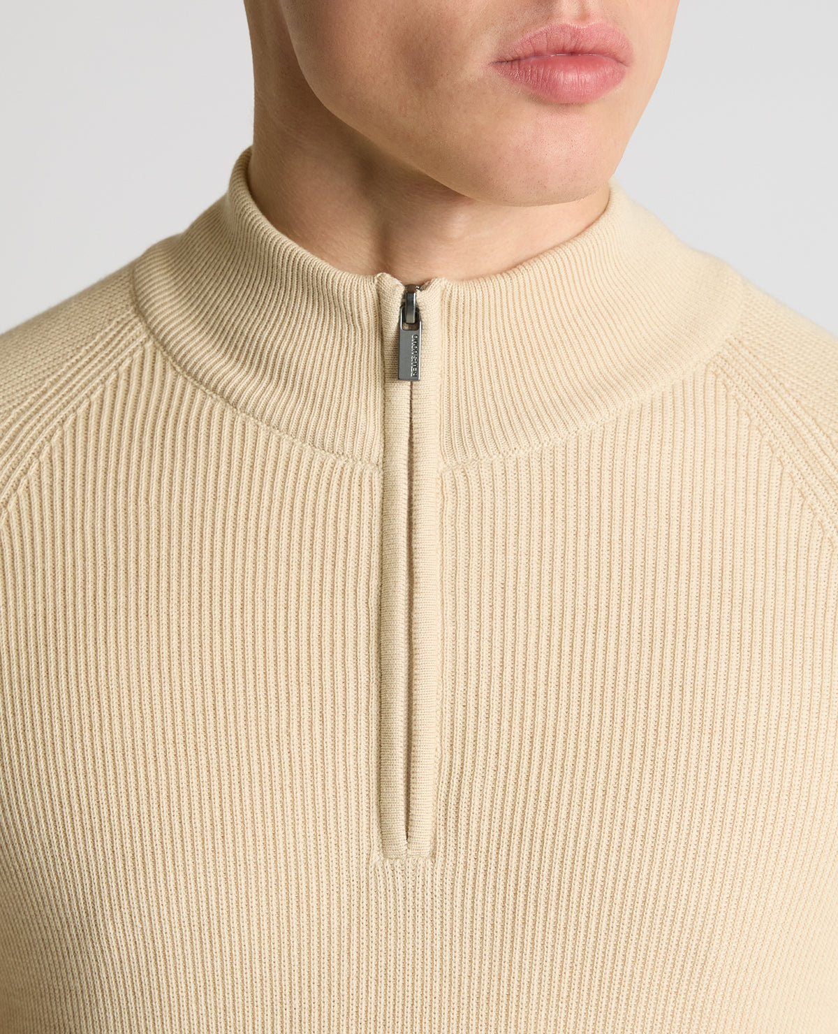 Man wearing a sand Cotton Half-Zip Knit Sweater