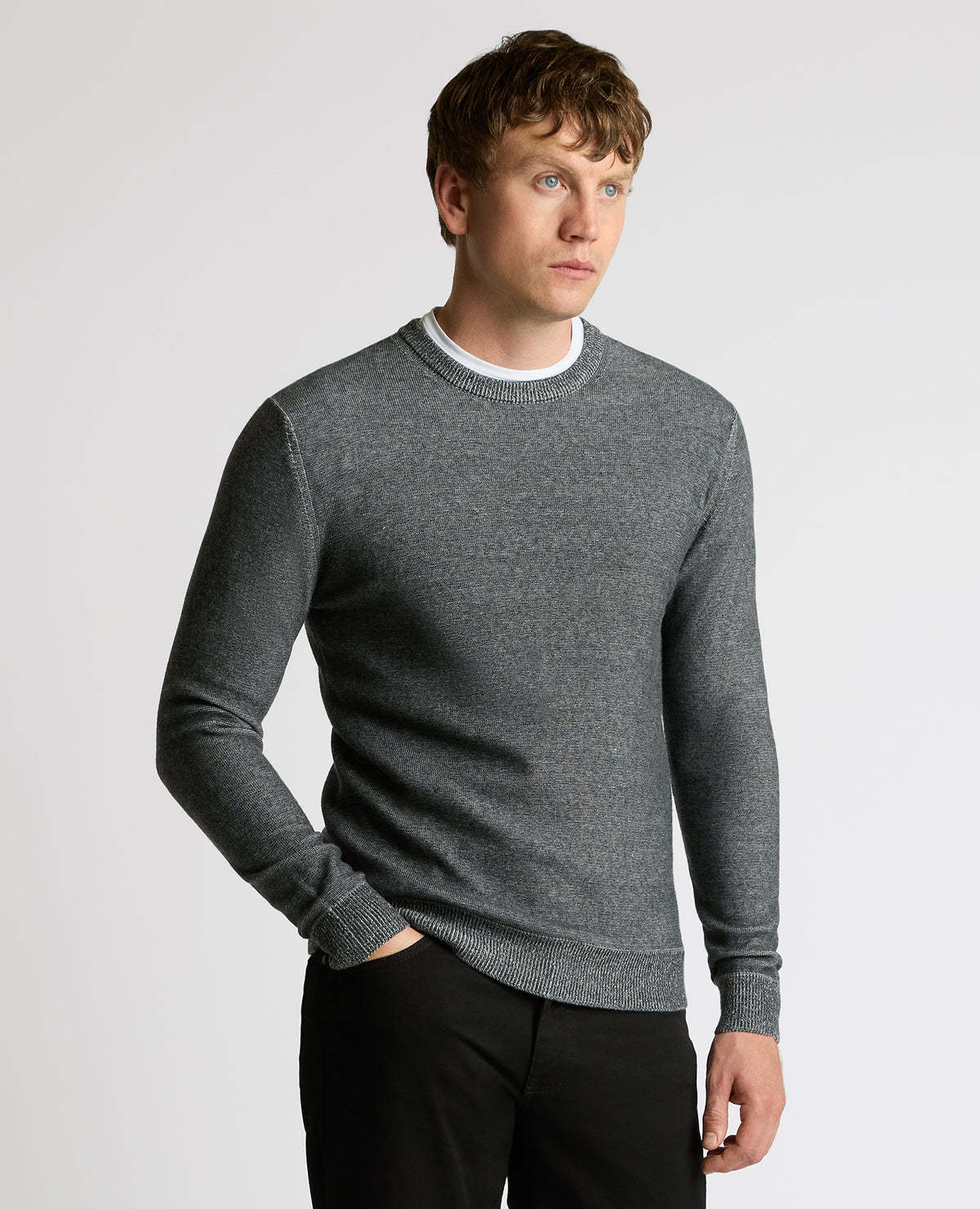 Man wearing a grey Two-Tone Knit Sweater