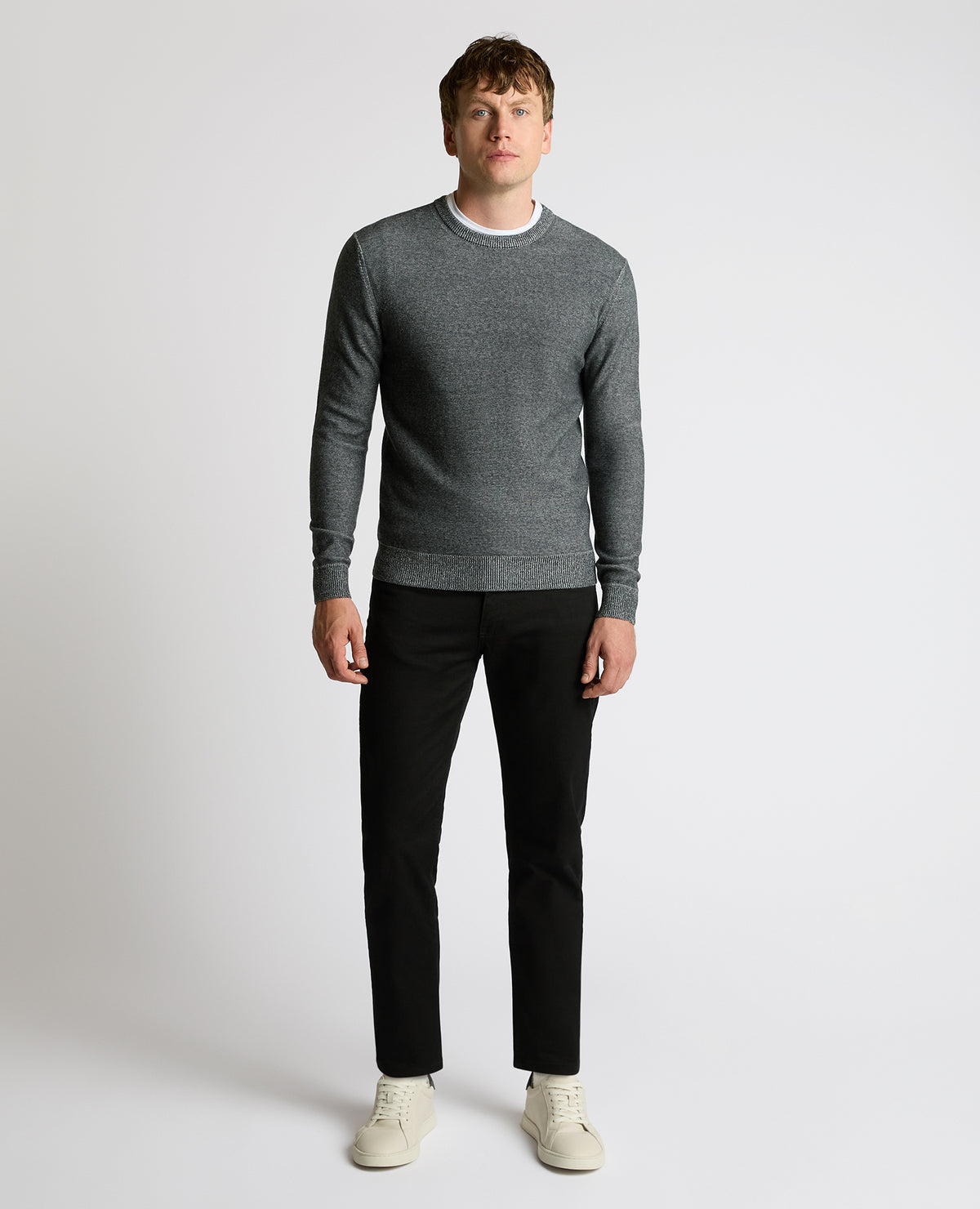 Man wearing a grey Two-Tone Knit Sweater