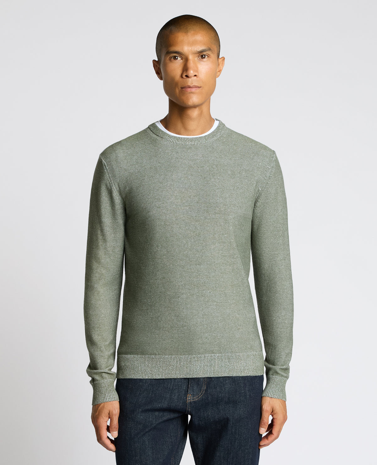 Man wearing a green Two-Tone Knit Sweater