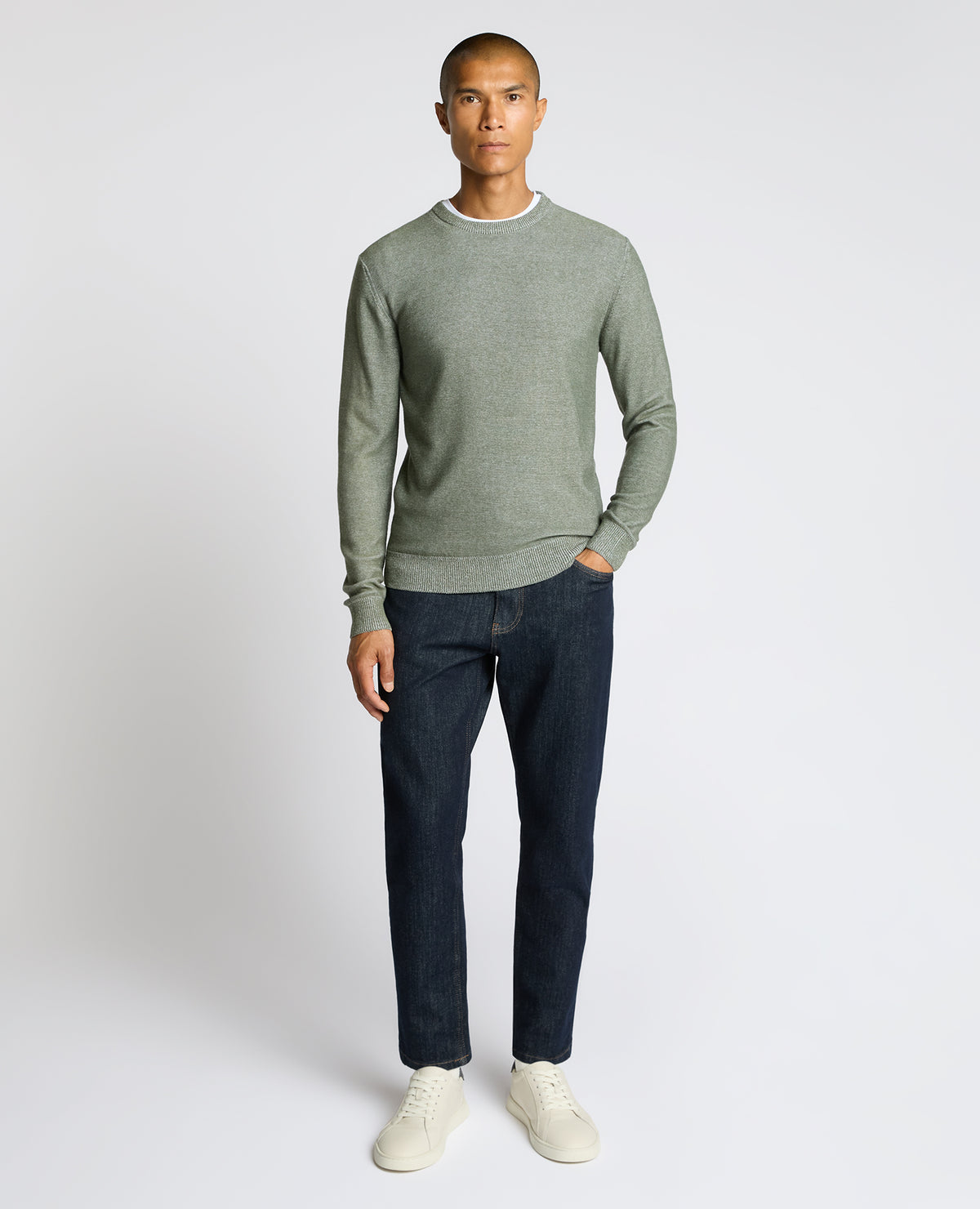Man wearing a green Two-Tone Knit Sweater