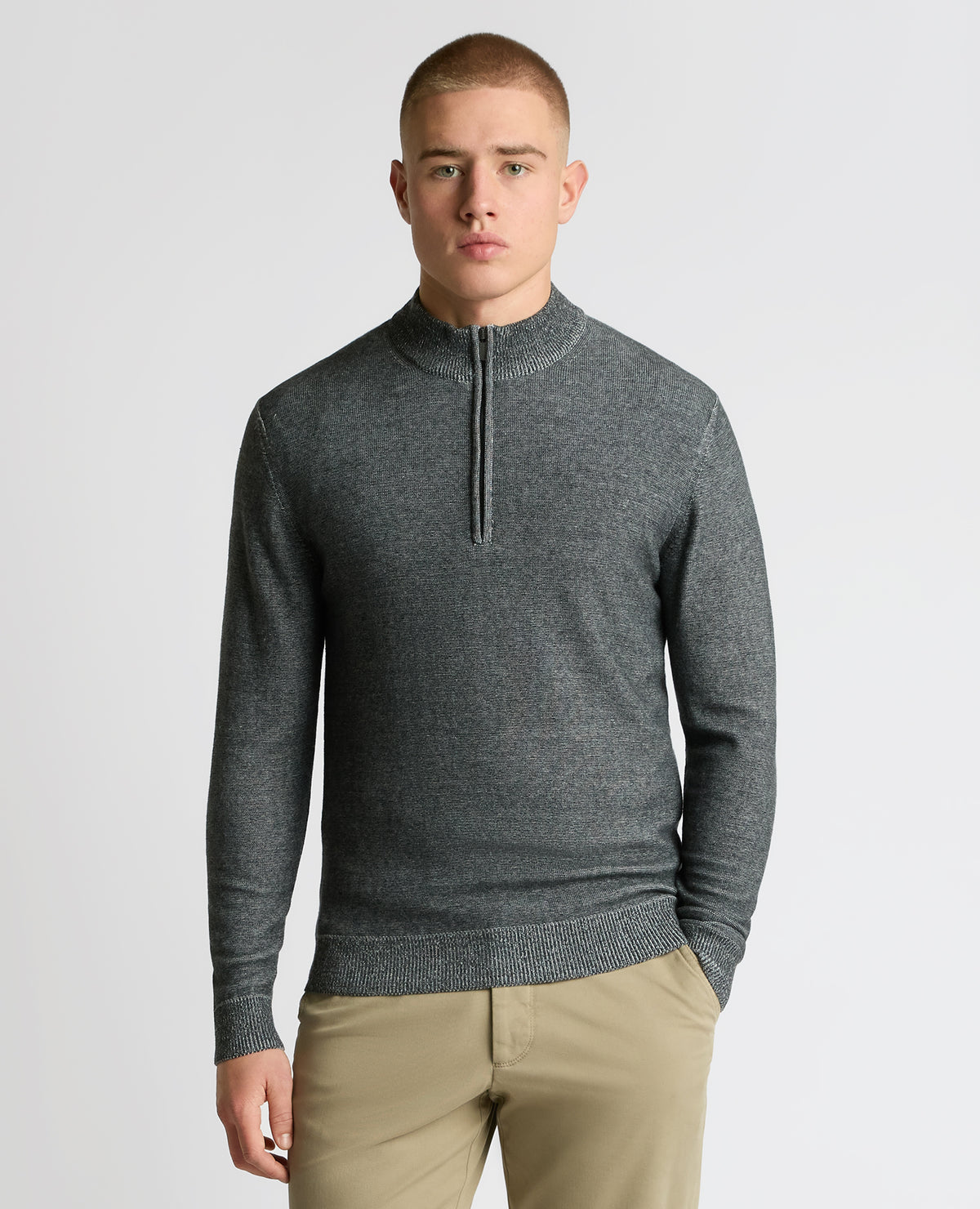 Man wearing a grey Two-Tone Half-Zip Knit Sweater