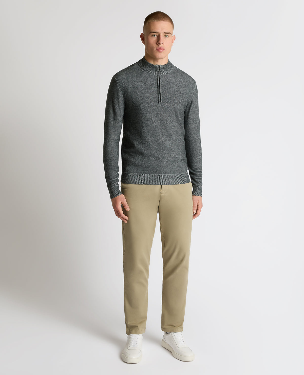 Man wearing a grey Two-Tone Half-Zip Knit Sweater