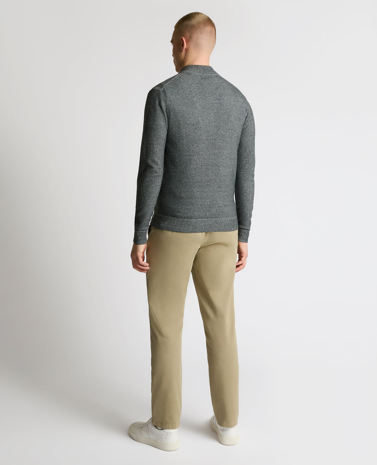 Man wearing a grey Two-Tone Half-Zip Knit Sweater