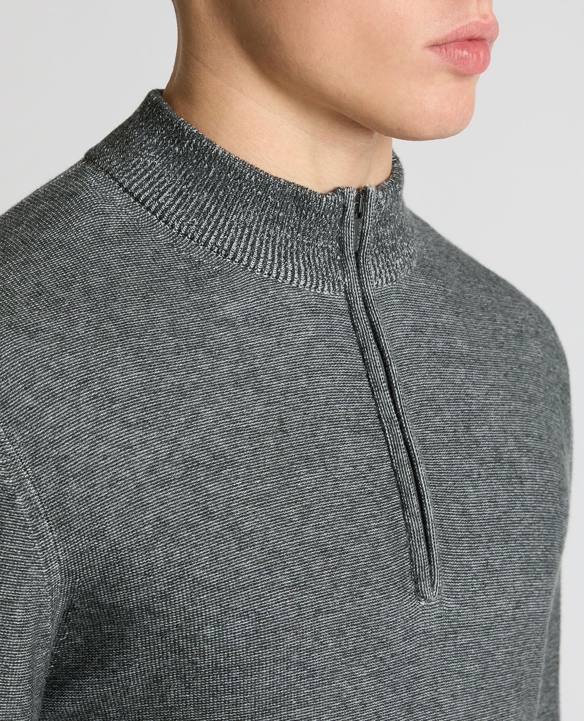 Man wearing a grey Two-Tone Half-Zip Knit Sweater