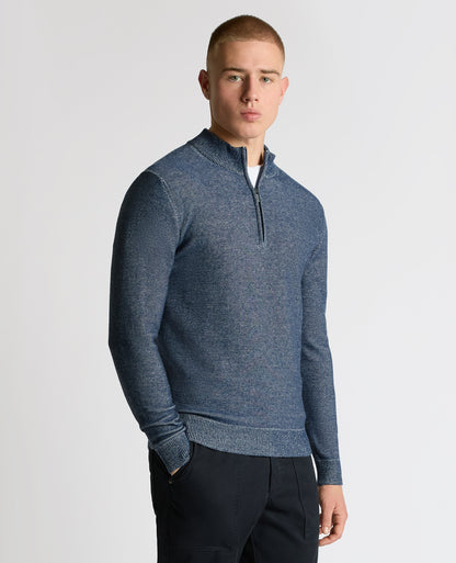 Man wearing a blue Two-Tone Half-Zip Knit Sweater