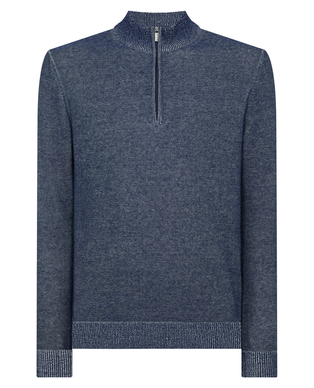 Man wearing a blue Two-Tone Half-Zip Knit Sweater