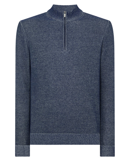 Man wearing a blue Two-Tone Half-Zip Knit Sweater