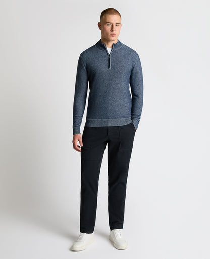 Man wearing a blue Two-Tone Half-Zip Knit Sweater