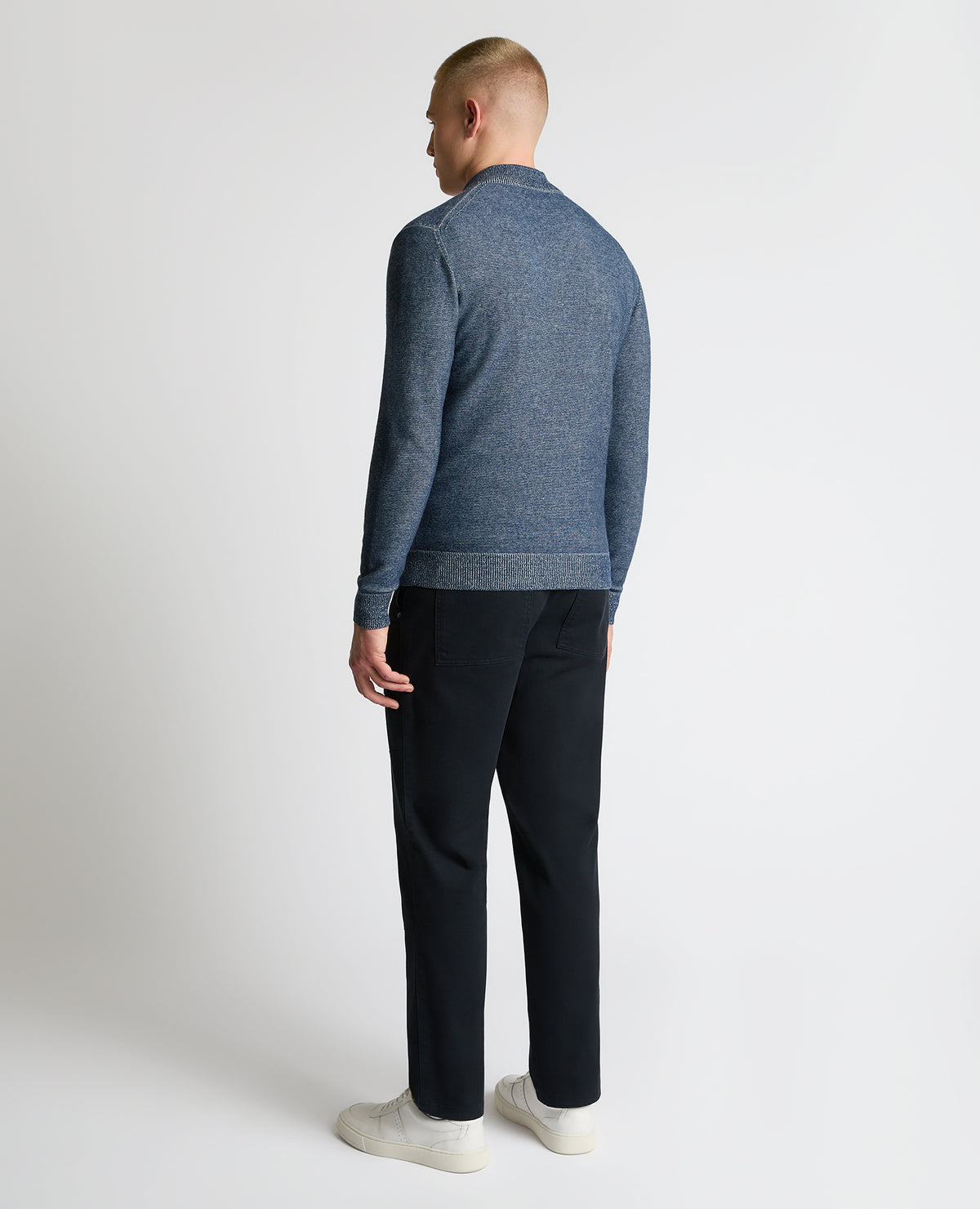 Man wearing a blue Two-Tone Half-Zip Knit Sweater