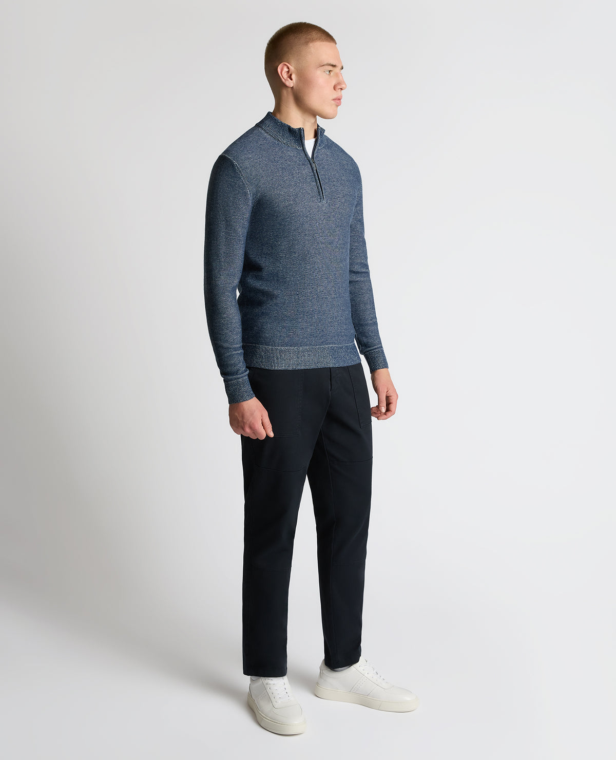 Man wearing a blue Two-Tone Half-Zip Knit Sweater