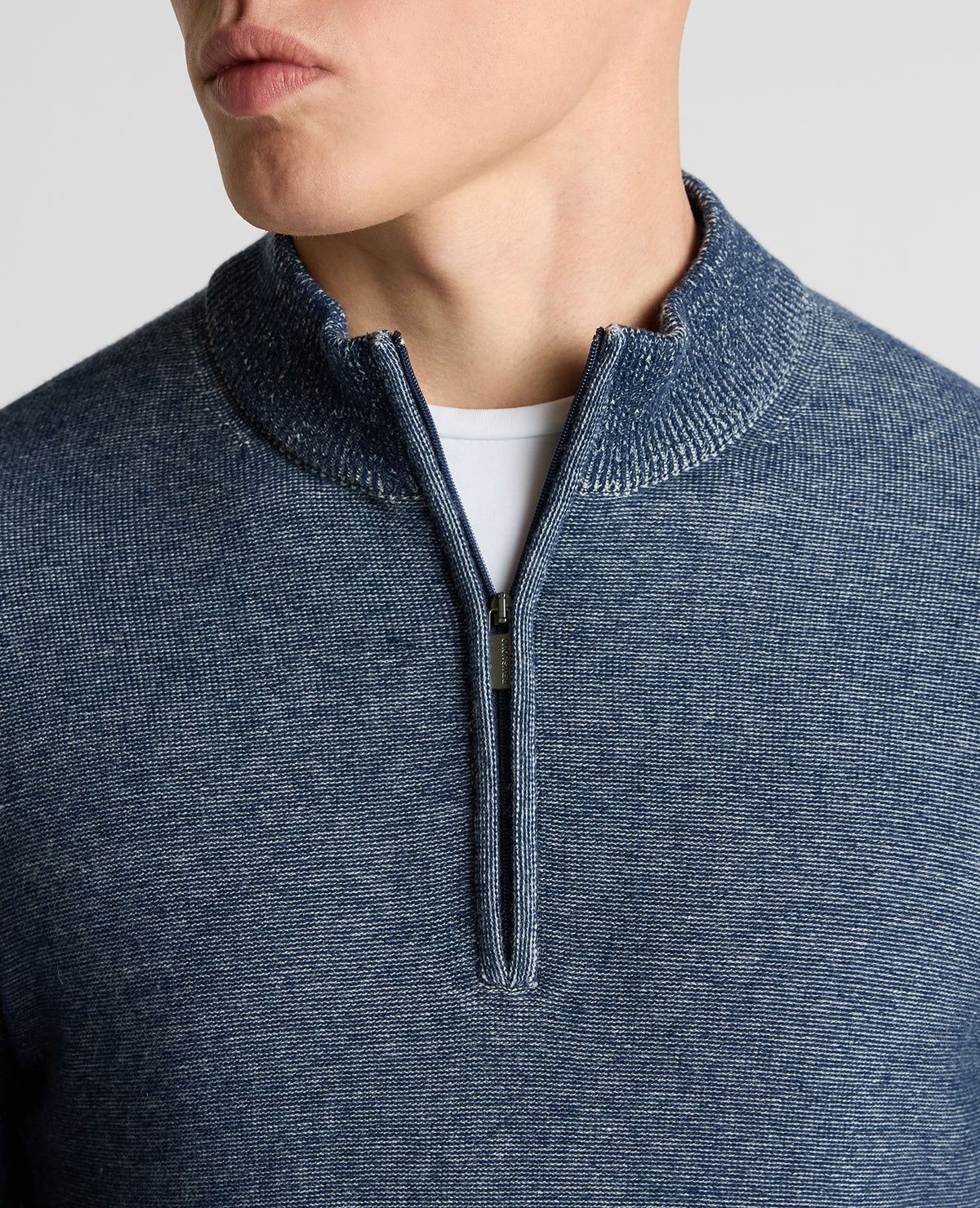 Man wearing a blue Two-Tone Half-Zip Knit Sweater
