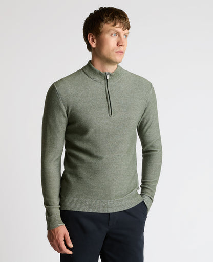 Man wearing a green Two-Tone Half-Zip Knit Sweater