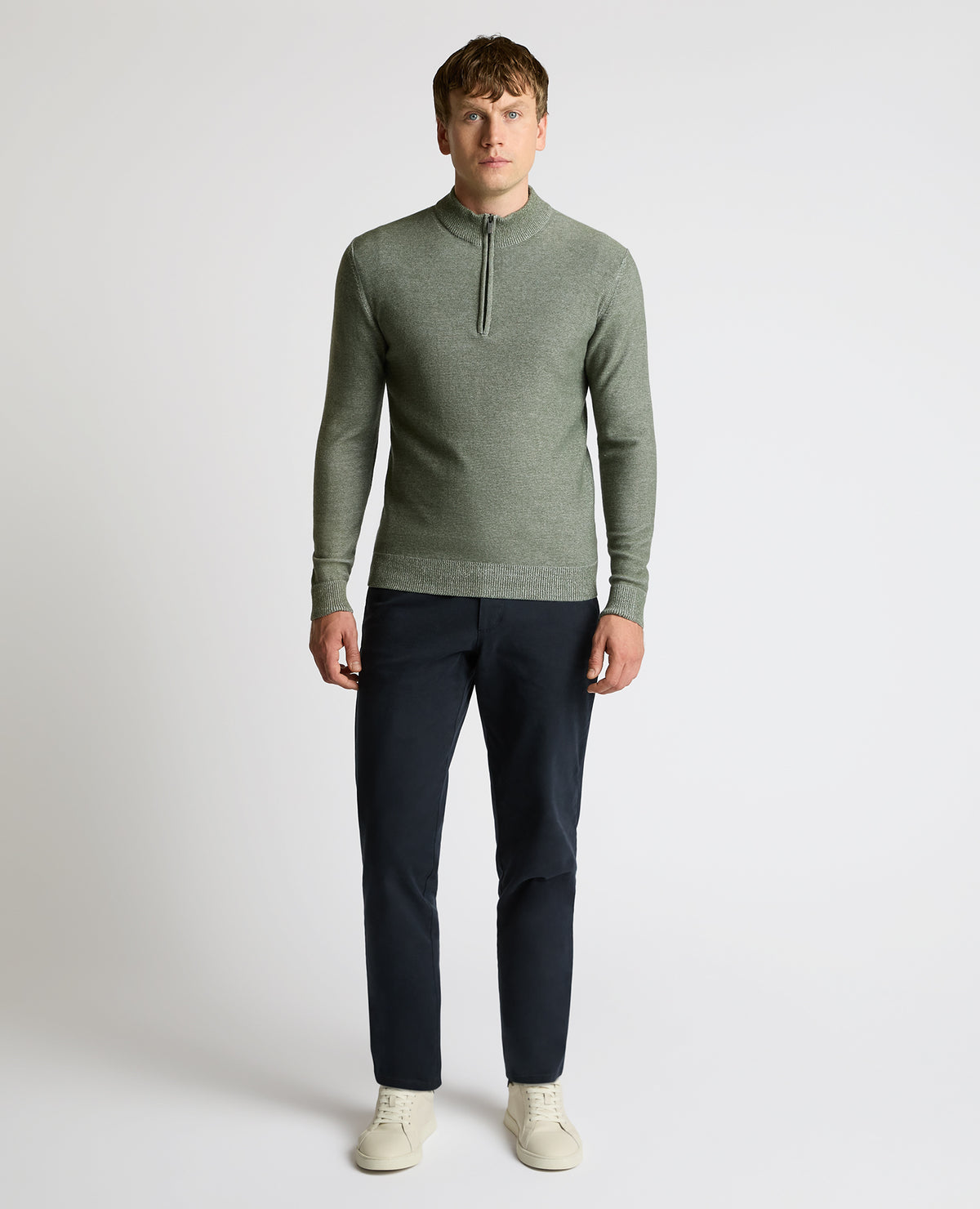Man wearing a green Two-Tone Half-Zip Knit Sweater