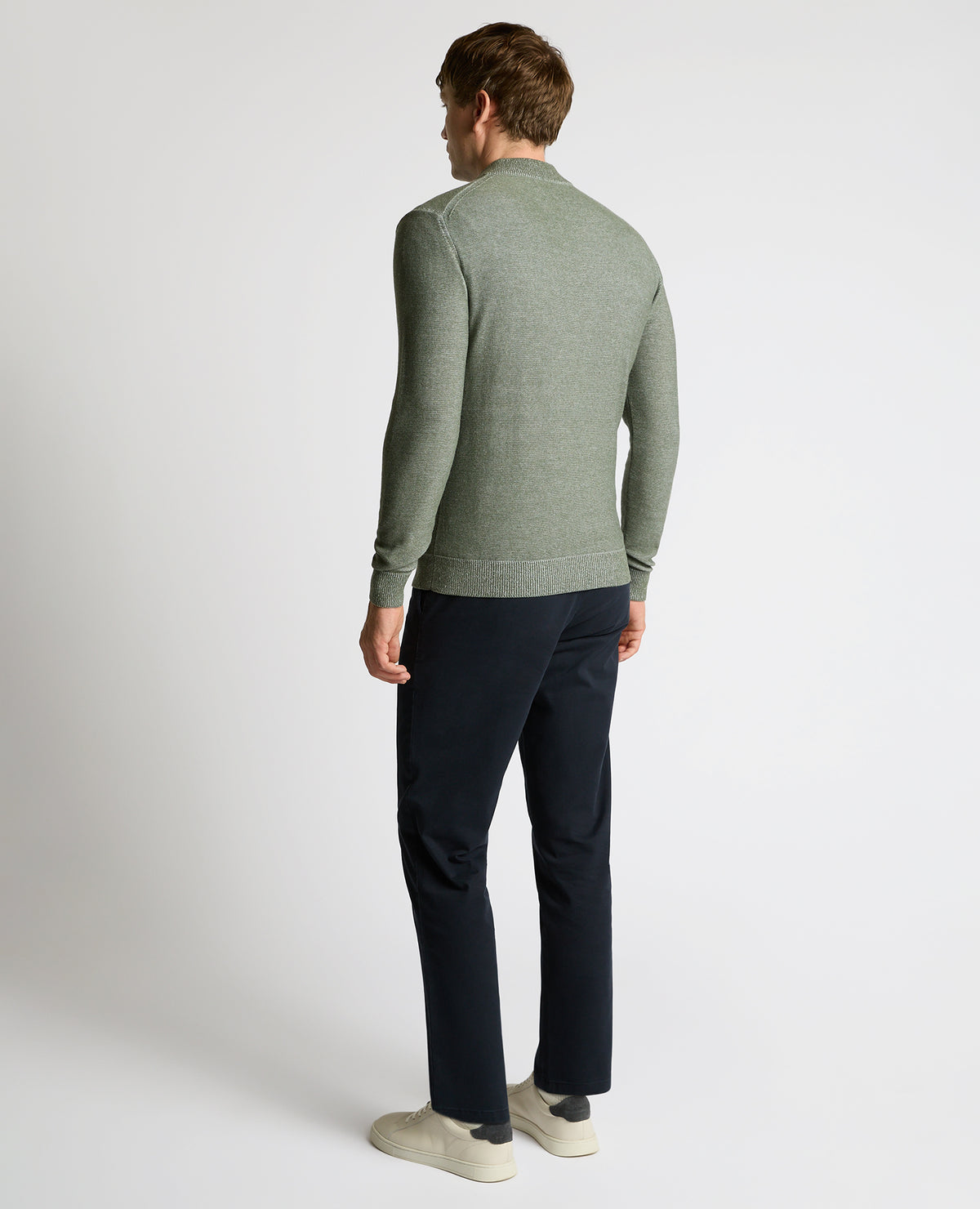 Man wearing a green Two-Tone Half-Zip Knit Sweater