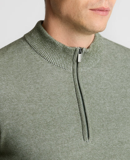 Man wearing a green Two-Tone Half-Zip Knit Sweater