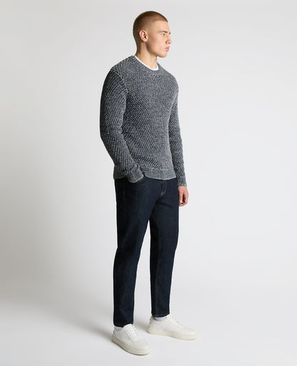 Man wearing a blue Two-Tone Cotton-Blend Knit Sweater