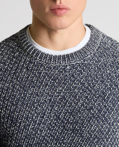Man wearing a blue Two-Tone Cotton-Blend Knit Sweater