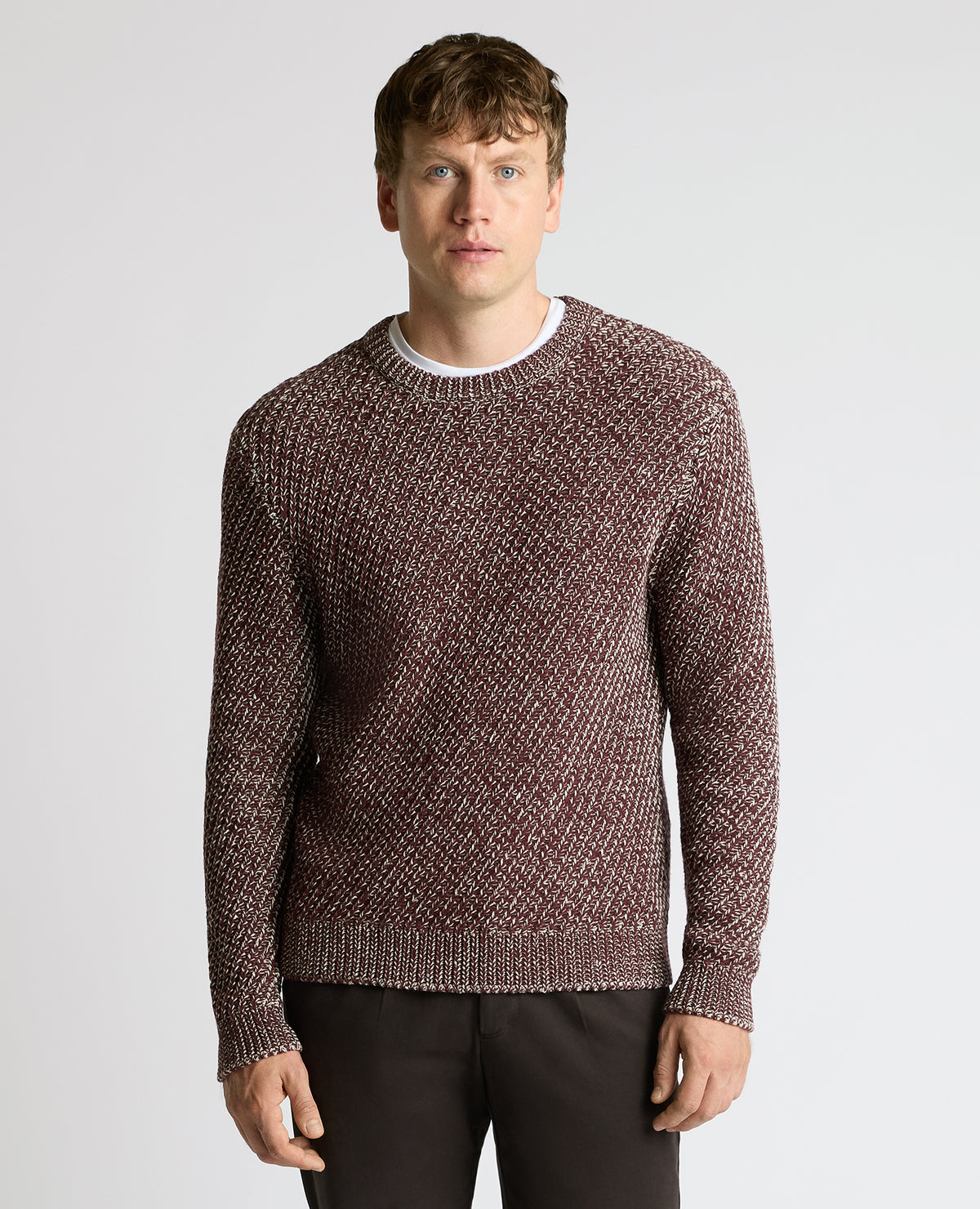 Man wearing a brown Two-Tone Cotton-Blend Knit Sweater