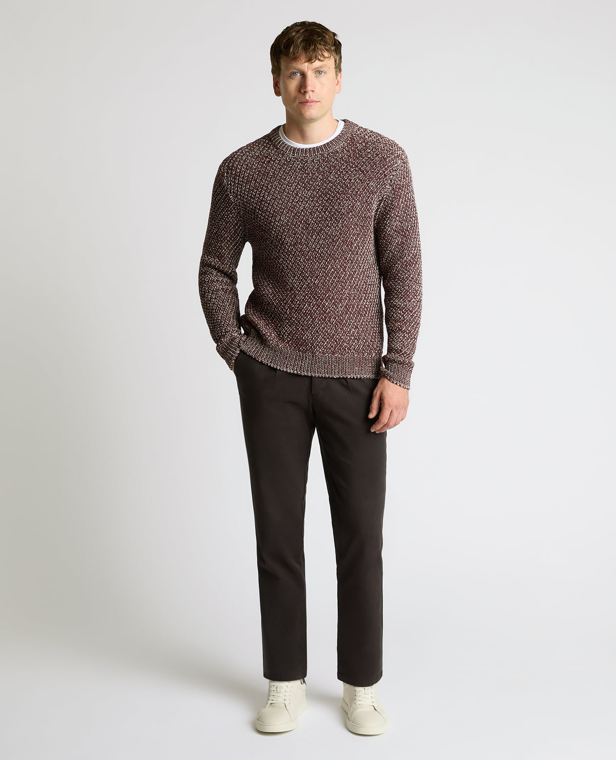 Man wearing a brown Two-Tone Cotton-Blend Knit Sweater