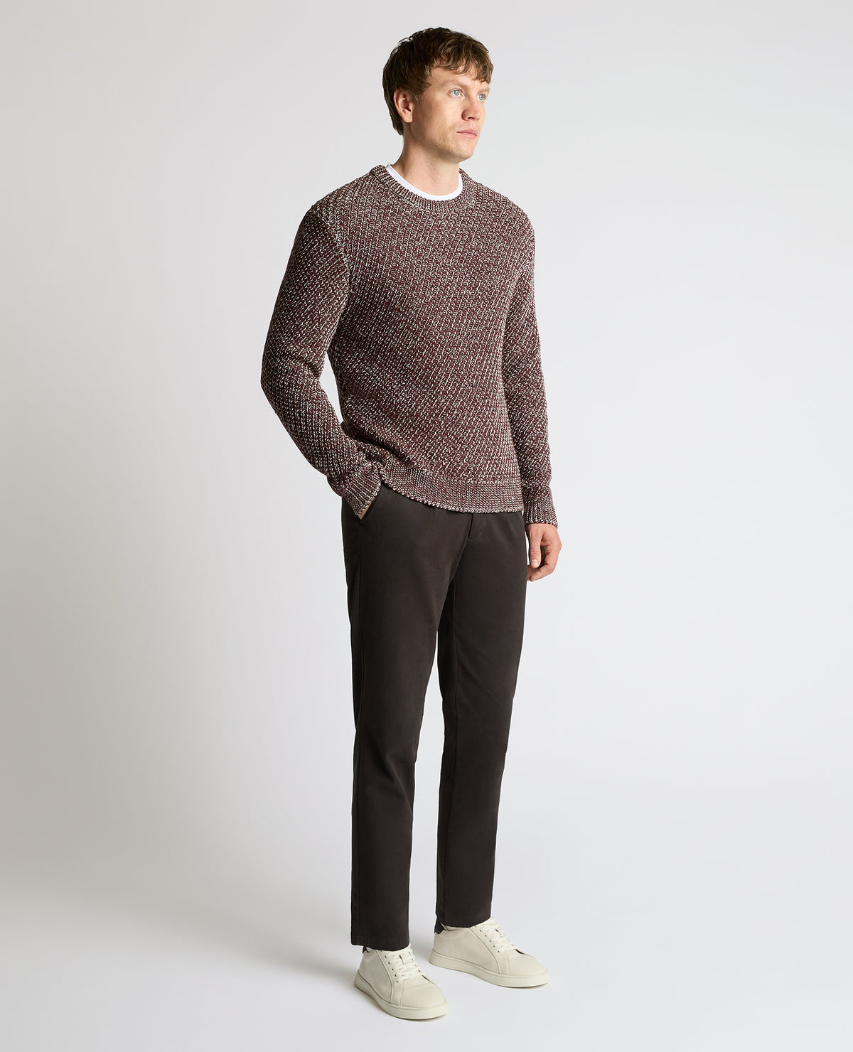 Man wearing a brown Two-Tone Cotton-Blend Knit Sweater