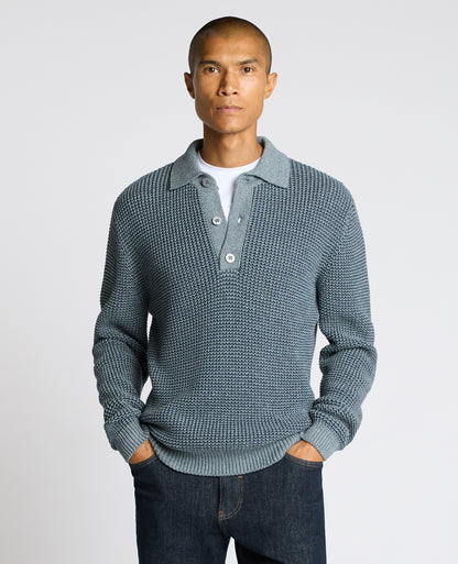 Man wearing a blue Cotton Knit Polo Sweater