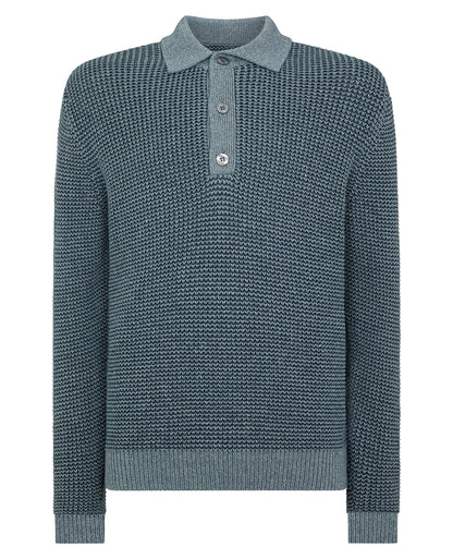Man wearing a blue Cotton Knit Polo Sweater