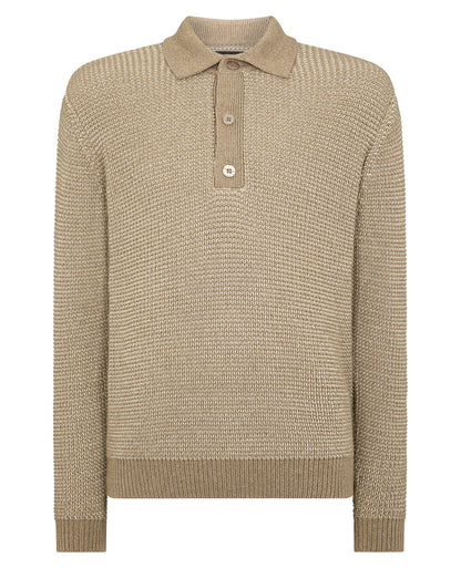 Man wearing a sand Cotton Knit Polo Sweater
